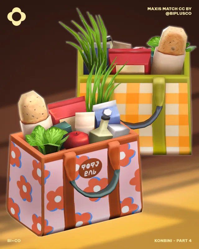 Konbini - Part 4 This set focuses on the everyday yet chic accessory: the grocery bag . We wanted something that felt cute, cozy, and full of personality for your Sims’ d de biplusco para Los Sims 4