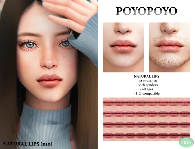 Vista previa de Lips n11 natural lips 32 swatches both, maquillaje de poyopoyosim para Los Sims 4.
