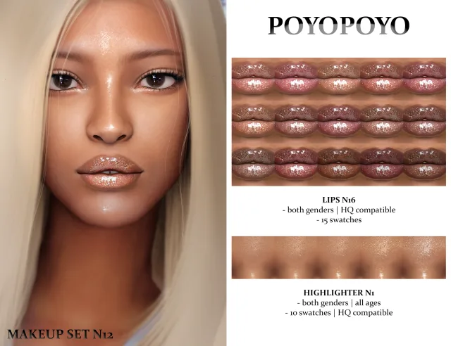 Vista previa de Lips n15 15 swatches both genders hq, maquillaje de poyopoyosim para Los Sims 4.