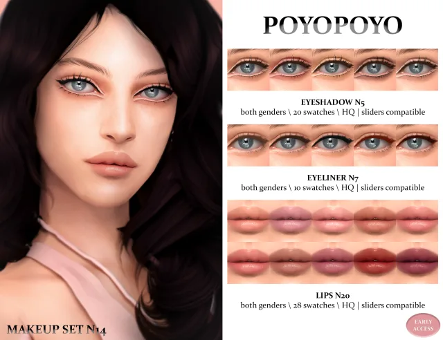 Vista previa de Makeup set n14 sombra de ojos n5 20 swatches both, maquillaje de poyopoyosim para Los Sims 4.