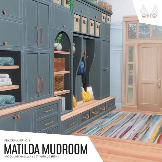 Vista previa de Matilda Mudroom - A Modular Hallway Set with 28 items, construir y comprar de peacemaker-ic para Los Sims 4.