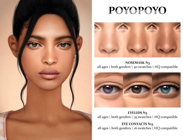 Vista previa de Nosemask n3 40 swatches all ages both, maquillaje de poyopoyosim para Los Sims 4.
