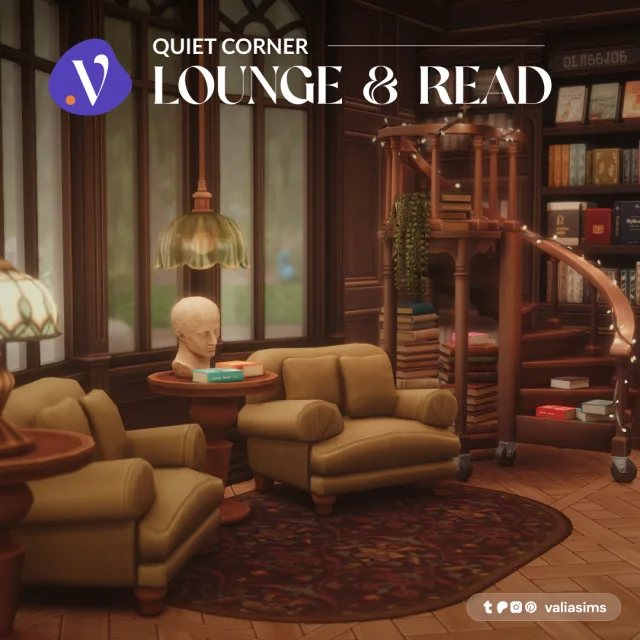 Quiet Corner - Lounge & Read Hey everyone! The last part of the Quiet Corner colección is here! The main theme for this part is the lounge area where you can sit down and read you de valiasims para Los Sims 4