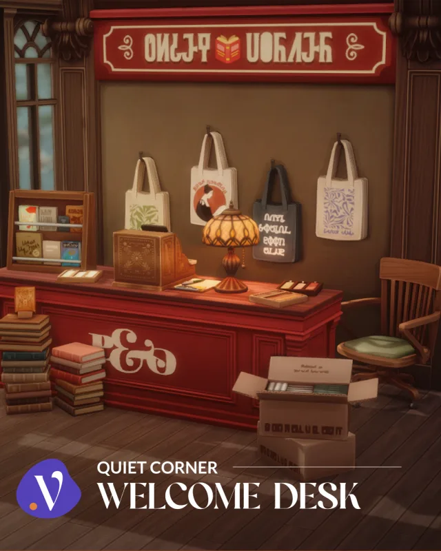 Quiet Corner - Welcome Desk Hey everyone! Here's the next part for the Quiet Corner colección themed around a cozy bookshop. This part is about the front desk. I wanted to create de valiasims para Los Sims 4