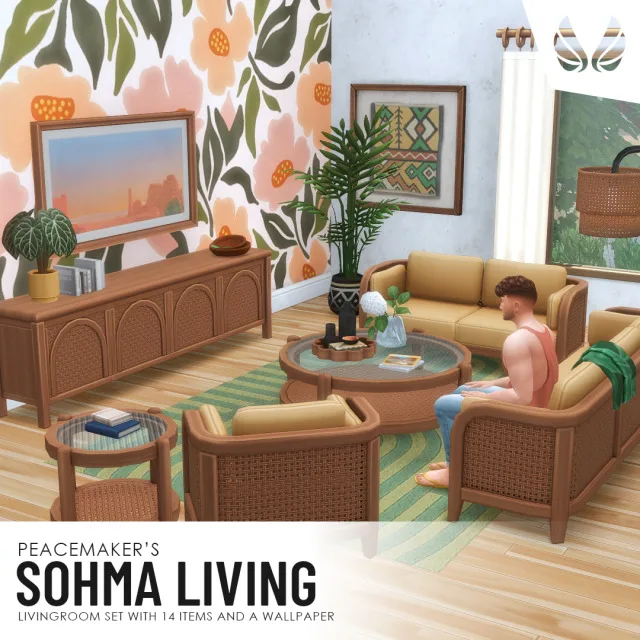 Vista previa de Sohma Living - Rattan Living-room set with 14 items and 1 Wallpaper, construir y comprar de peacemaker-ic para Los Sims 4.
