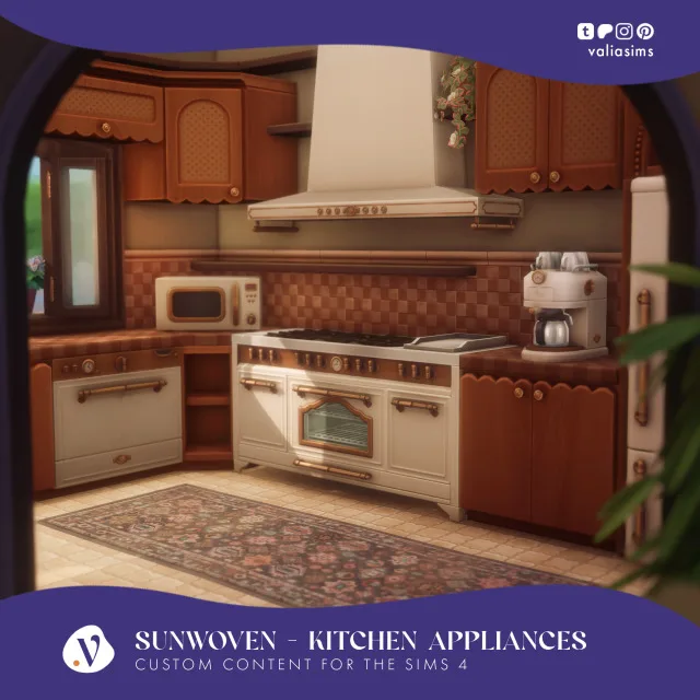 Sunwoven - Kitchen Appliances Hey everyone! The next part for the Sunwoven colección includes new kitchen appliances which go well with the previous part which was the kitchen fur de valiasims para Los Sims 4