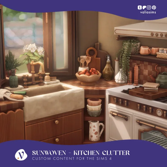 Sunwoven - Kitchen Clutter Hey everyone! It’s here! The final part of the Sunwoven Kitchen colección, featuring a bunch of clutter items to bring your kitchens to life. First of a de valiasims para Los Sims 4