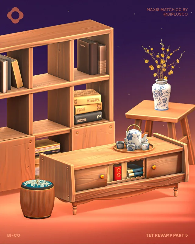 Tet Revamp - Part 5 Give your Sim’s home a cozy, retro refresh with this delightful furniture colección . Stylish yet practical, each piece is designed to add character—whether de biplusco para Los Sims 4