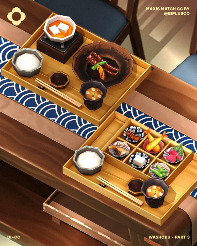 Washoku - Part 3 The Art of the Meal! In our next installment of the Washoku colección, we are bringing the full restaurant experience directly to your Sims’ homes. Part de biplusco para Los Sims 4