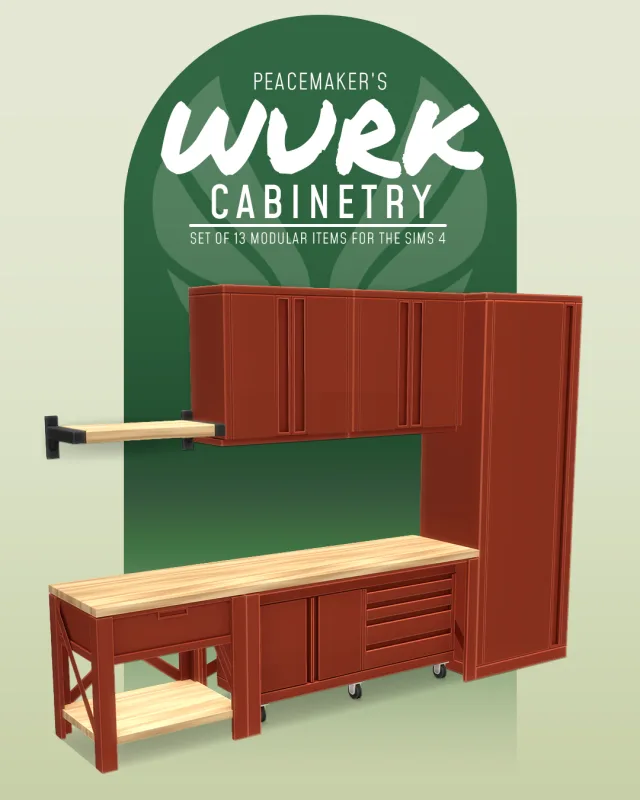 Vista previa de WURK Cabinetry - 13 Modular items for TS4, construir y comprar de peacemaker-ic para Los Sims 4.