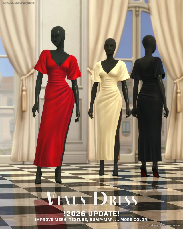 Vista previa de 2026 Venus V-shape vestido, ropa de rustys-cc para Los Sims 4.