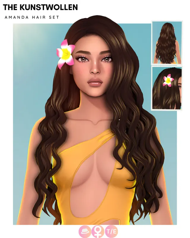 Amanda: set de 3 cabellos y 2 accesorios florales de The Kunstwollen para Los Sims 4.