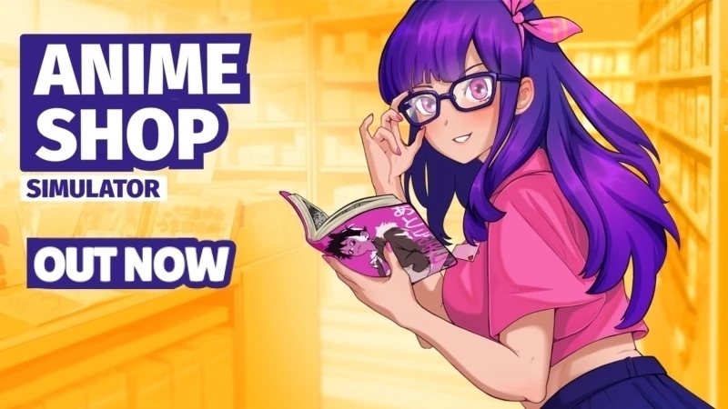 Ilustración de lanzamiento de Anime Shop Simulator con un personaje de cabello violeta leyendo manga dentro de una tienda.