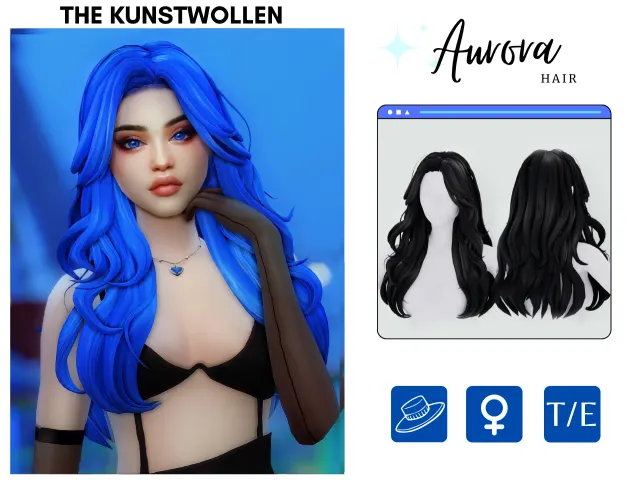 Aurora: cabello largo ondulado de The Kunstwollen para Los Sims 4.