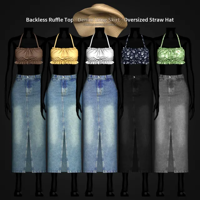 Vista previa de Backless Ruffle Top · Denim Long falda · Oversized Straw Hat, accesorios de gorillax3-cc para Los Sims 4.