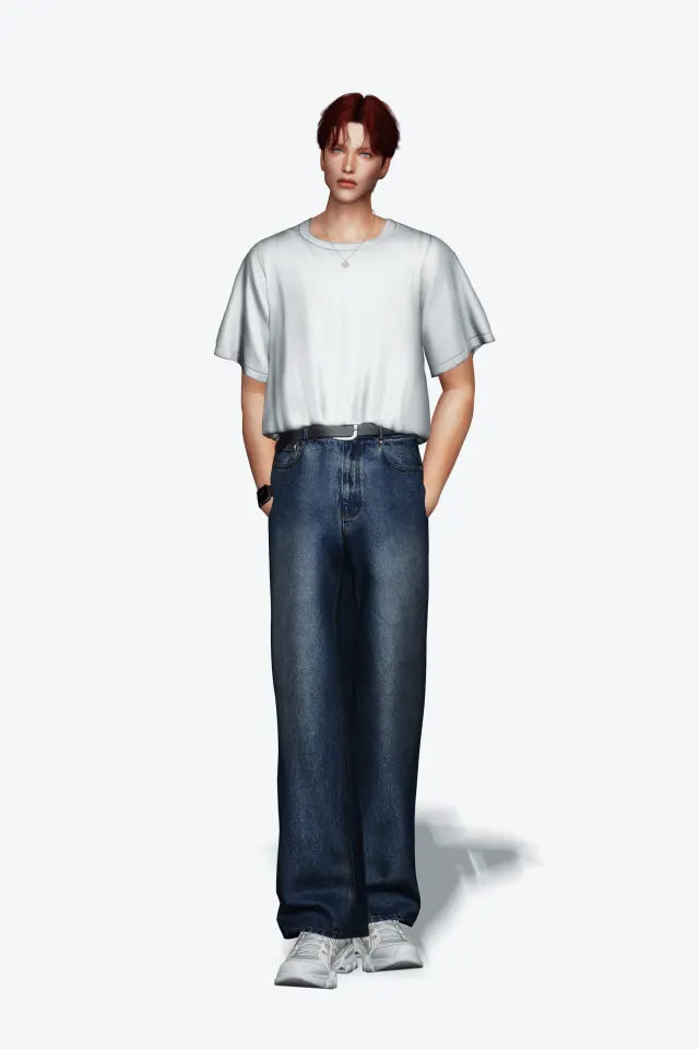 Vista previa de Basic T-Shirt II AM · Belted High Waist Jeans, ropa de gorillax3-cc para Los Sims 4.