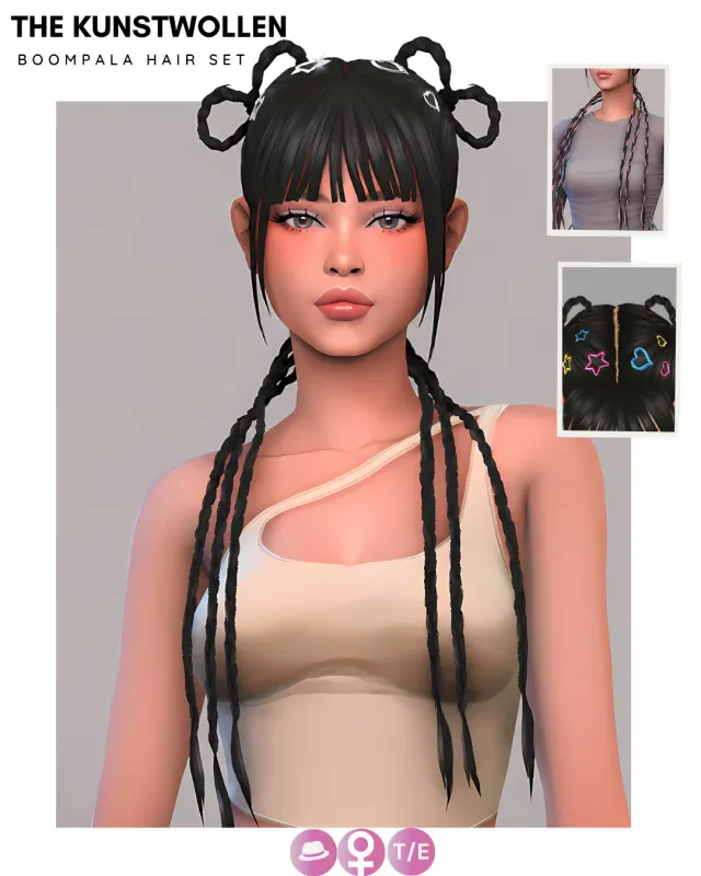 Boompala: cabello de Chaewon con mechas y accesorios de The Kunstwollen para Los Sims 4.