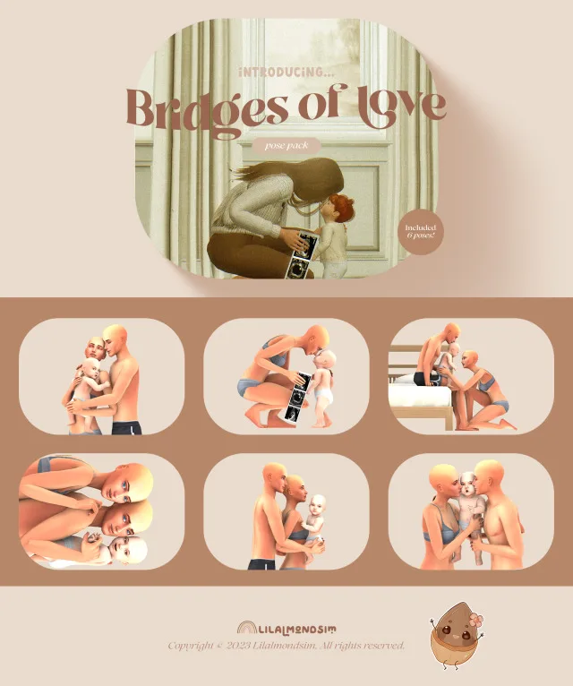 Vista previa de Bridges of love — 𝒑𝒐𝒔𝒆 𝒑𝒂𝒄𝒌 𝒘𝒊𝒕𝒉 𝒊𝒏𝒇𝒂𝒏𝒕𝒔!, poses de lilalmondsim para Los Sims 4.