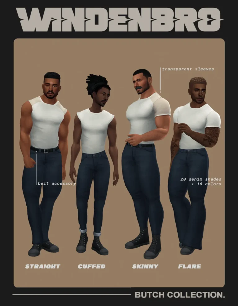 BUTCH: vaqueros, tops y cinturón para Sims masculinos de Windenbro para Los Sims 4