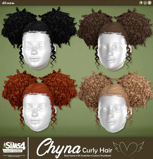 Vista previa de Cabello Chyna Curly, cabello de dhreamcc para Los Sims 4.