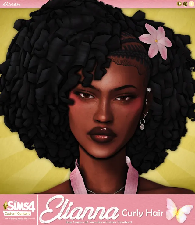 Vista previa de Cabello Elianna Curly, cabello de dhreamcc para Los Sims 4.