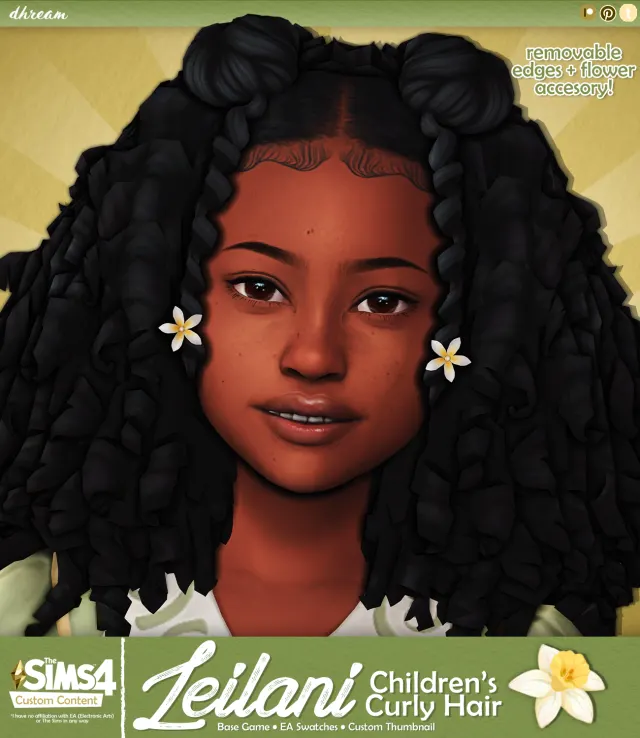Vista previa de Cabello Leilani Children's Curly, cabello de dhreamcc para Los Sims 4.