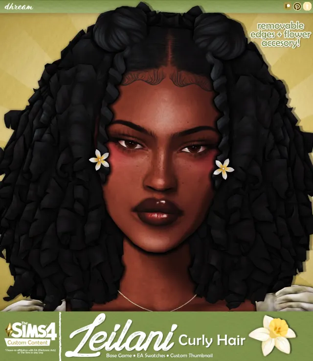 Vista previa de Cabello Leilani Curly, cabello de dhreamcc para Los Sims 4.