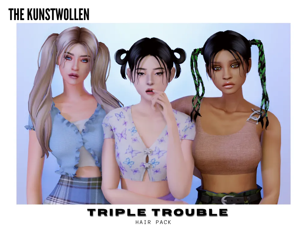 Vista previa de Cabello mini pack composed by 3 hairstyles and a hair accessory for the braided, cabello de thekunstwollen para Los Sims 4.