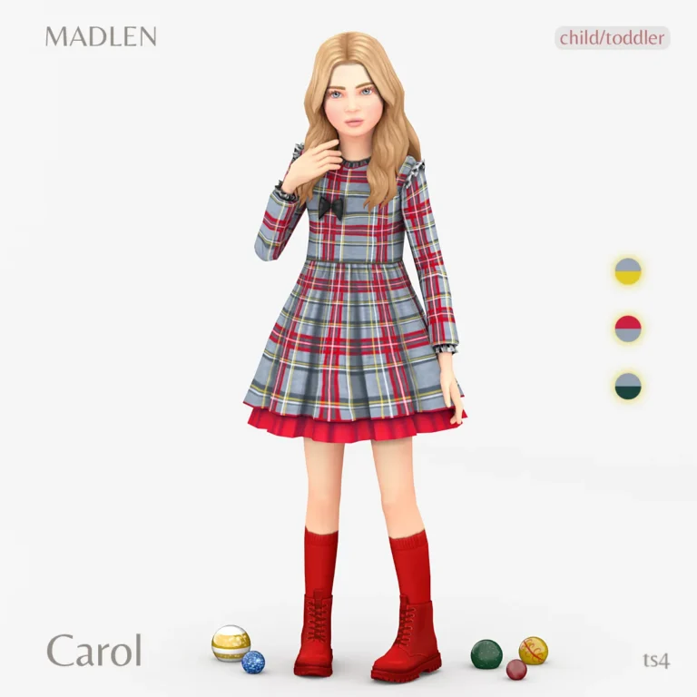 Vista previa de Carol vestido cozy tartan vestido for younger ones, ropa de madlensims para Los Sims 4.