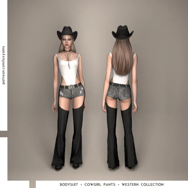 Vista previa de Colección Bodysuit + Cowgirl Pants - Western, ropa de luxysims para Los Sims 4.