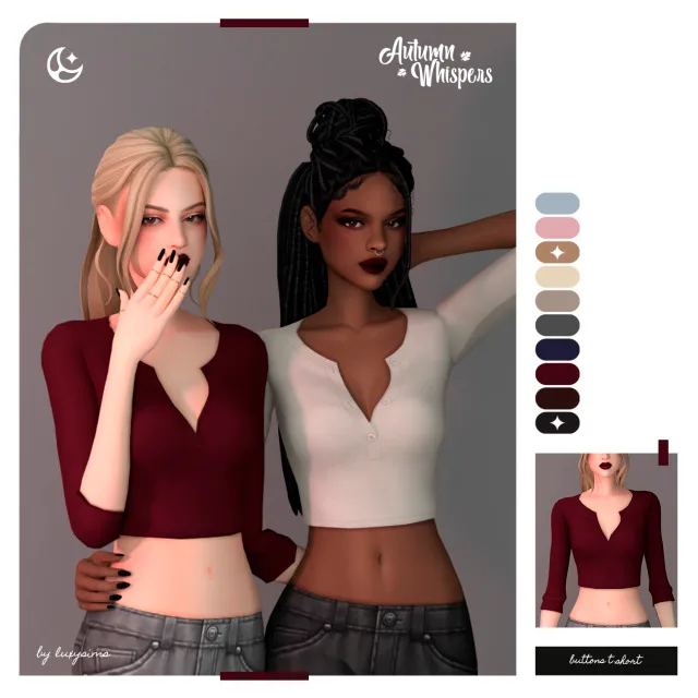 Vista previa de Colección Buttons T-Shirt - Autumn Whispers, ropa de luxysims para Los Sims 4.