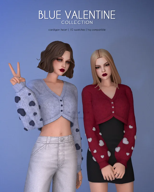 Vista previa de Colección Cardigan Heart - Blue Valentine, ropa de luxysims para Los Sims 4.