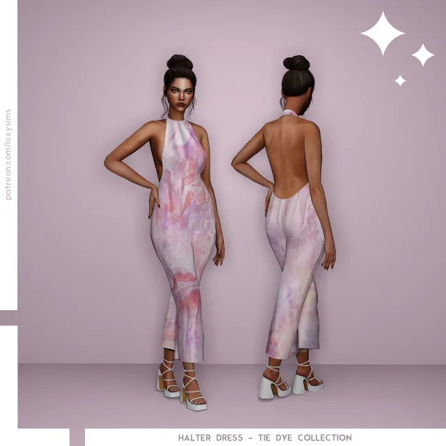 Vista previa de Colección Halter Dress - Tie Dye, ropa de luxysims para Los Sims 4.