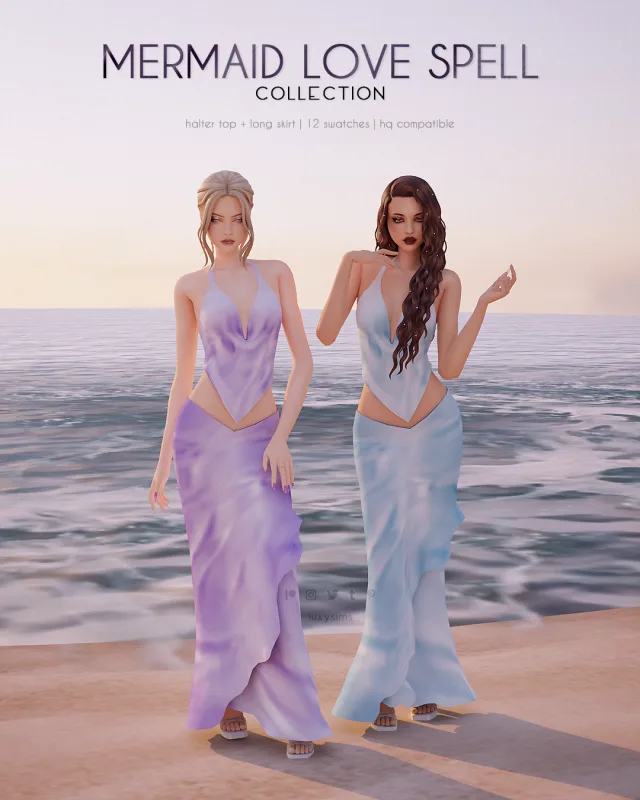 Vista previa de Colección Halter top + Long skirt - Mermaid Love Spell, ropa de luxysims para Los Sims 4.