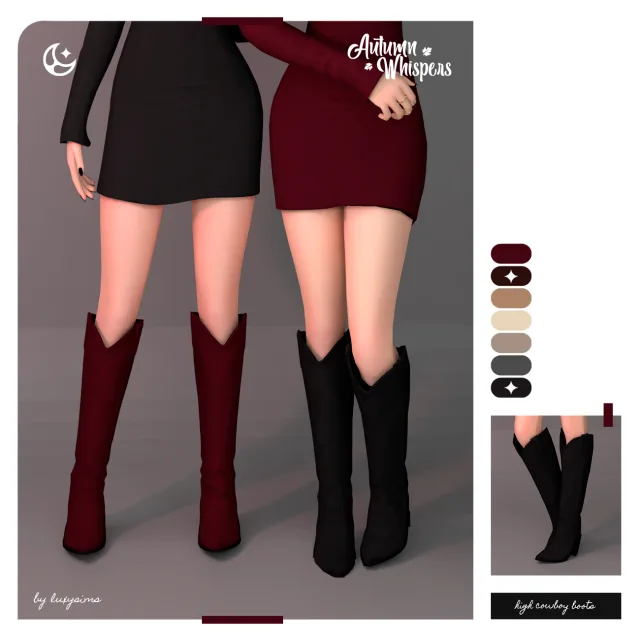 Vista previa de Colección High Cowboy Boots - Autumn Whispers, zapatos de luxysims para Los Sims 4.