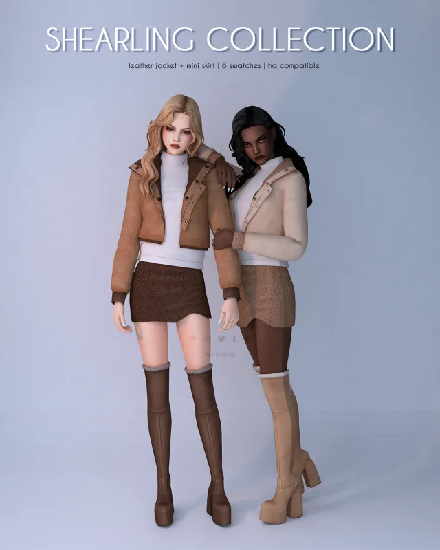 Vista previa de Colección Leather Jacket + Mini Skirt - Shearling, ropa de luxysims para Los Sims 4.