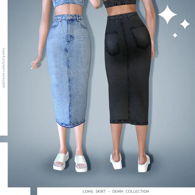 Vista previa de Colección Long Skirt - Denim, ropa de luxysims para Los Sims 4.