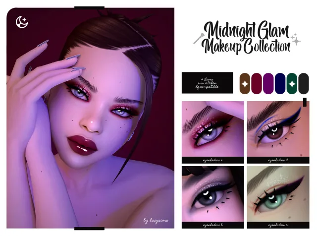 Vista previa de Colección Midnight Glam Makeup, maquillaje de luxysims para Los Sims 4.
