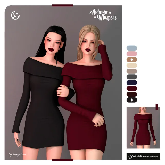 Vista previa de Colección Off Shoulders Mini Dress - Autumn Whispers, ropa de luxysims para Los Sims 4.