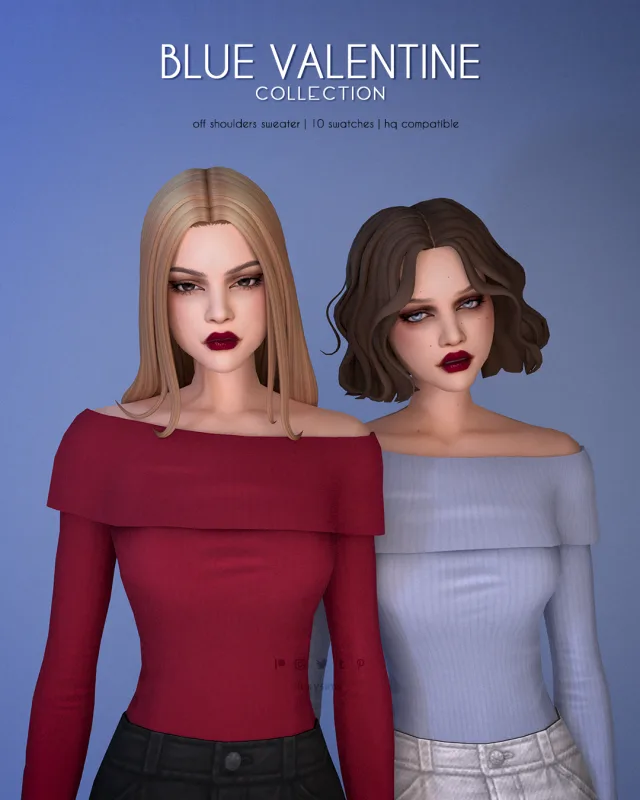 Vista previa de Colección Off Shoulders Sweater - Blue Valentine, ropa de luxysims para Los Sims 4.