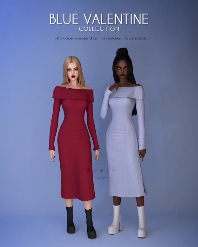 Vista previa de Colección Off Shoulders Sweater Dress - Blue Valentine, ropa de luxysims para Los Sims 4.