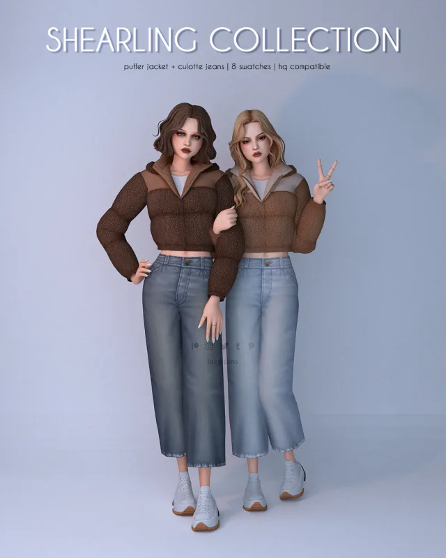Vista previa de Colección Puffer Jacket + Culotte Jeans - Shearling, ropa de luxysims para Los Sims 4.