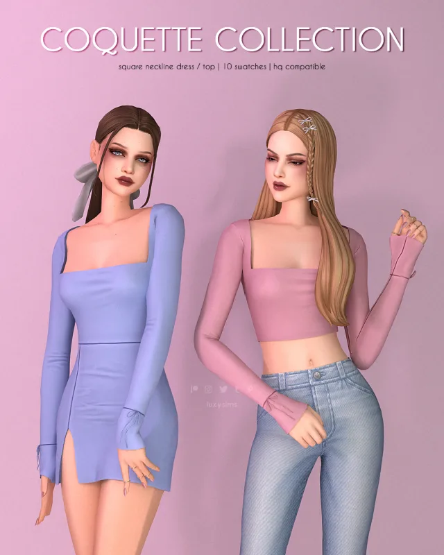 Vista previa de Colección Square Neckline Dress / Top - Coquette, ropa de luxysims para Los Sims 4.