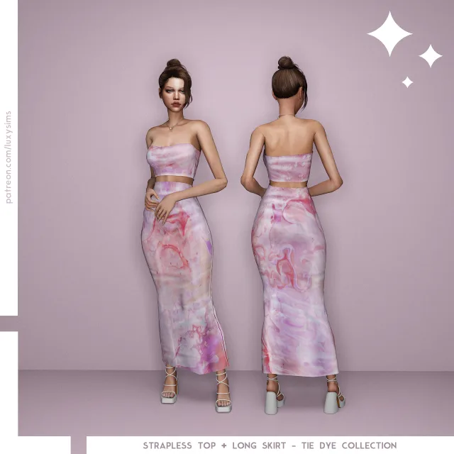 Vista previa de Colección Strapless Top + Long Skirt - Tie Dye, ropa de luxysims para Los Sims 4.