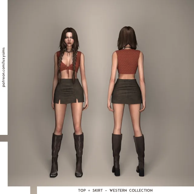 Vista previa de Colección Top + Skirt - Western, ropa de luxysims para Los Sims 4.