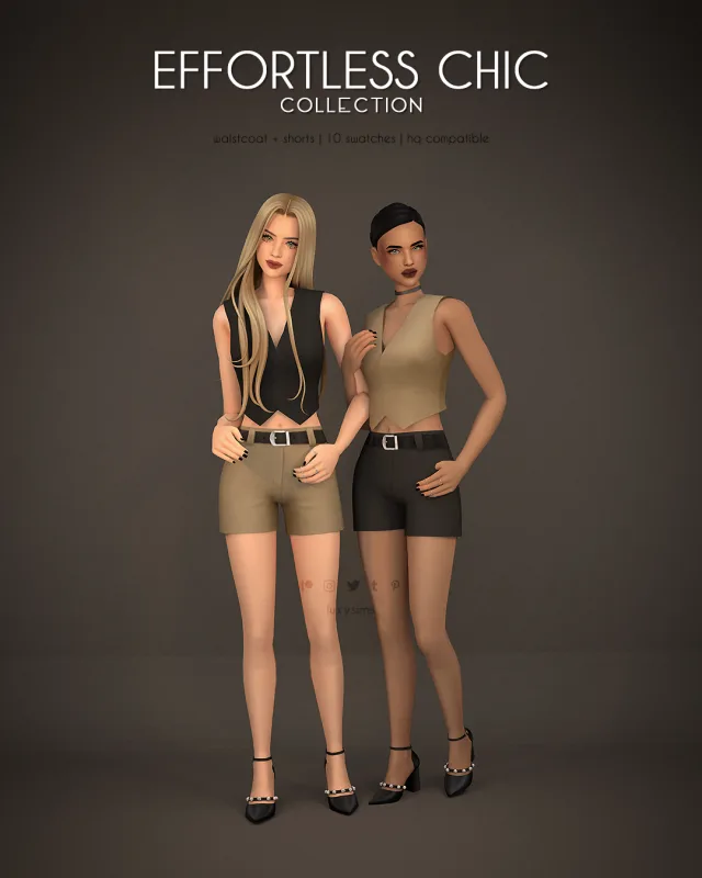 Vista previa de Colección Waistcoat + Shorts - Effortless Chic, ropa de luxysims para Los Sims 4.