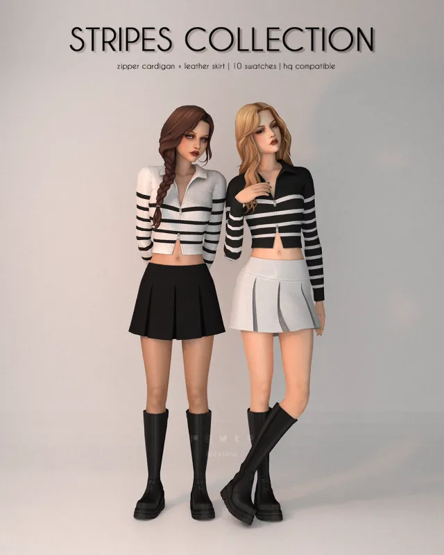 Vista previa de Colección Zipper Cardigan + Leather Skirt - Stripes, ropa de luxysims para Los Sims 4.