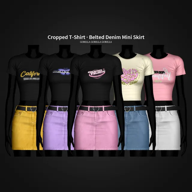 Vista previa de Cropped T-Shirt Belted Denim Mini falda, ropa de gorillax3-cc para Los Sims 4.