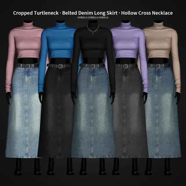 Vista previa de Cropped Turtleneck · Denim Long falda · Hollow Cross Necklace, accesorios de gorillax3-cc para Los Sims 4.