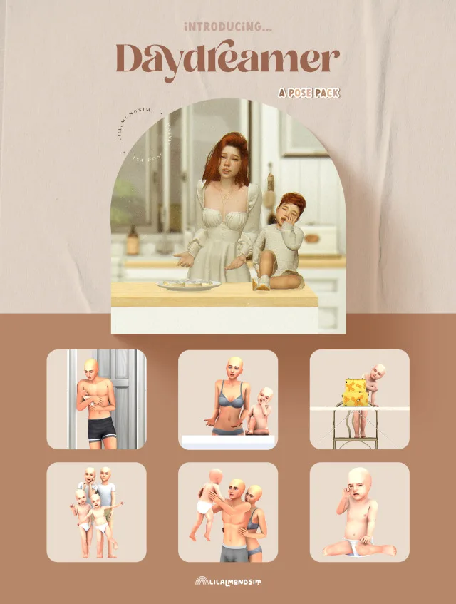 Vista previa de Daydreamer — 𝒑𝒐𝒔𝒆 𝒑𝒂𝒄𝒌, poses de lilalmondsim para Los Sims 4.